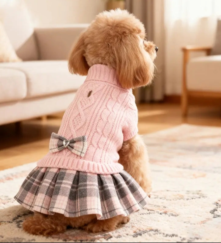 Pink Knitted Sweater Dress for Small Dogs Featuring a Bowtie Turtleneck
