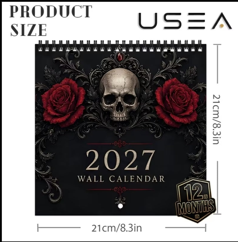 2027 Wall Calendar, 12 Months Monthly Calendar Moon Phases & US Holidays, 12 Months Yearly Organizer, Twin Wire Spiral Binding Gothic Skull Red Rose Hanging Calendar,