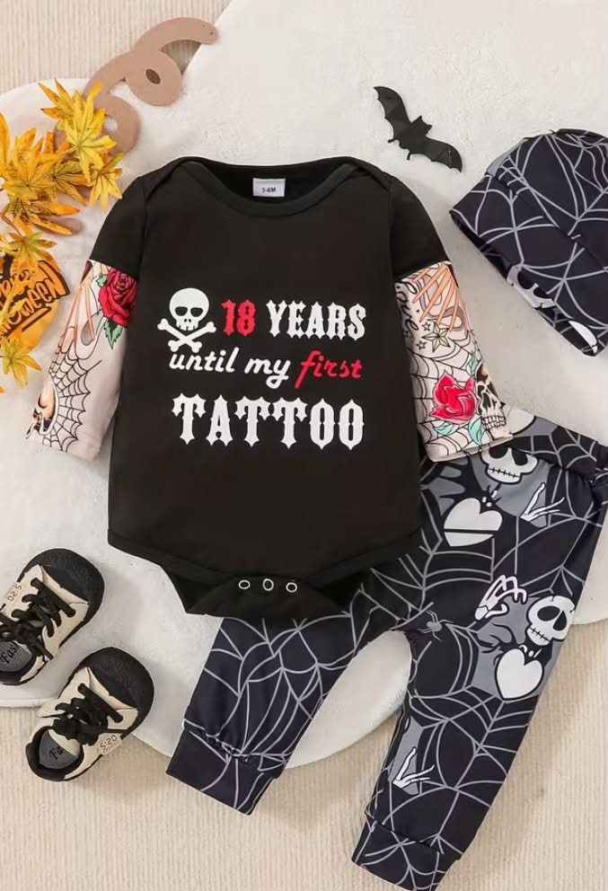 Baby Boy Clothes Tattoo Sleeve Funny Letter Print Romper Bodysuit Pants 3pcs Infant Boy Outfits Set Halloween, Perfect for Outdoor