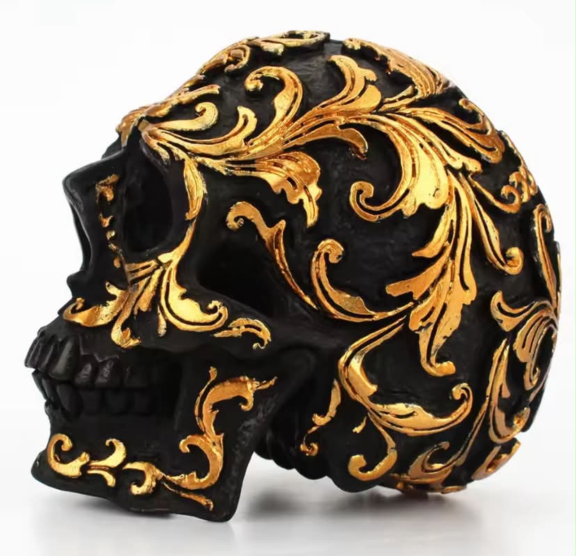 Resin Craft Black Skull Head Golden Carving