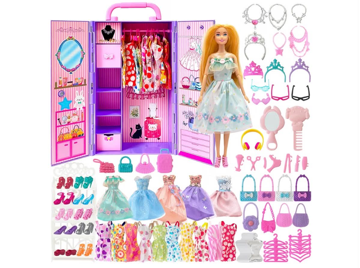 122 Pcs Doll Wardrobe Playset with 11.5 Inch Dolls, Clothes and Accessories, Include Princess Dresses Closet Shoes Bag Other Accessories, Dress Up Toys for Girls, Kids, Toddlers