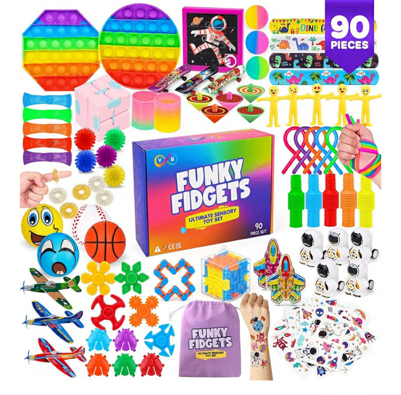 VB Fidget Toys Pack – 90-Pcs Kids Sensory Toys with Popper, Cube, Tubes, Stress Balls – Party Favours, Classroom Prizes – Anxiety, Stress Relief