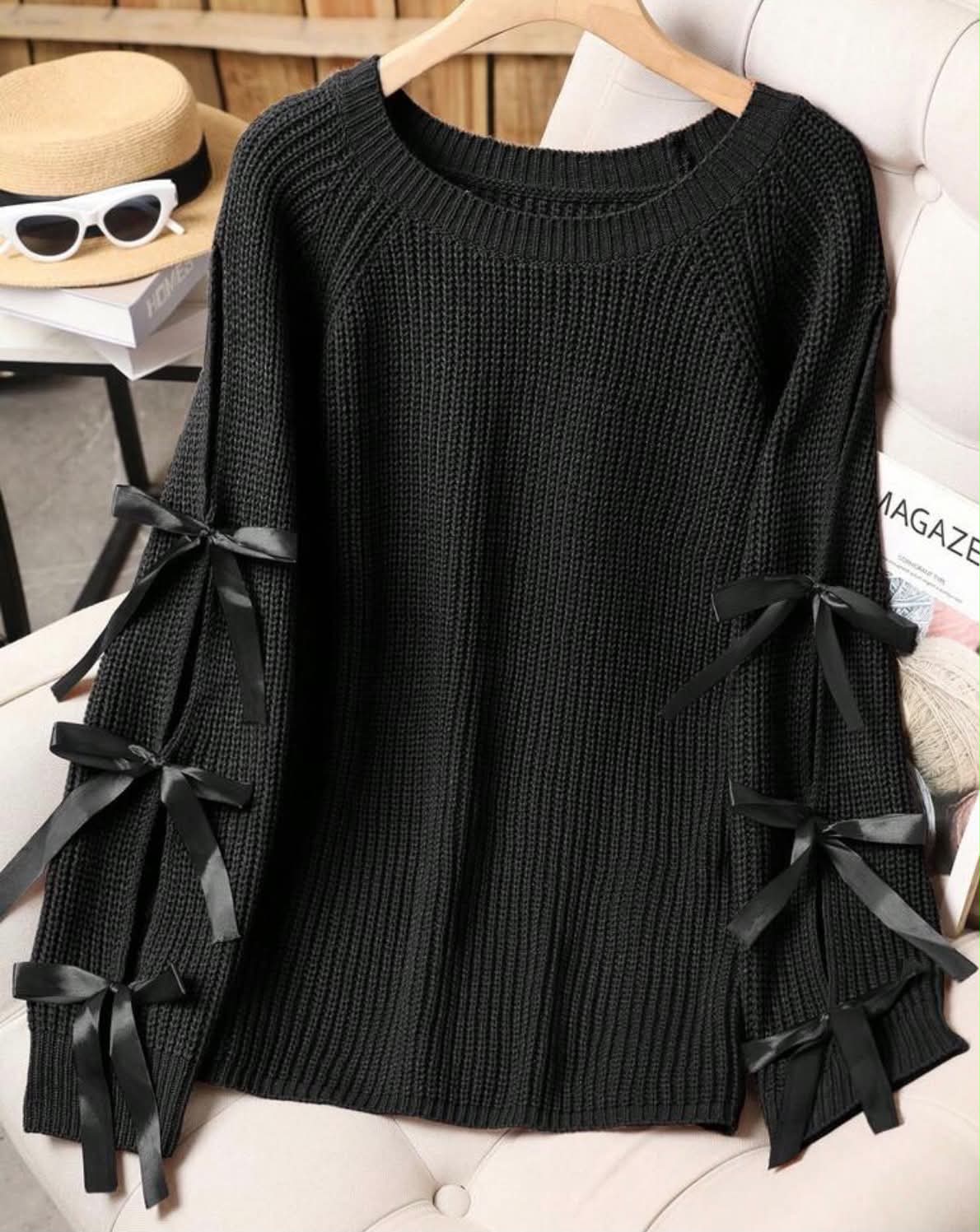 Plus Size Casual Round Neck Bowknot Contrast Color Knit Pullover Sweater