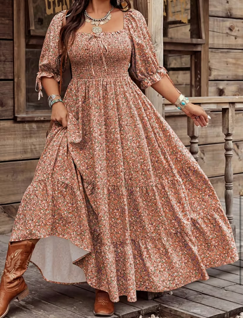 Pastoral Style Floral Print Square Neck Lantern Sleeve Slim Fit Patchwork Casual Dress