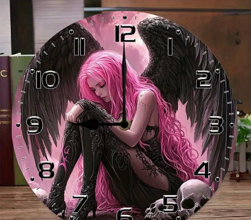 Round Silent Wall Clock with a Gothic Fallen Angel Design,