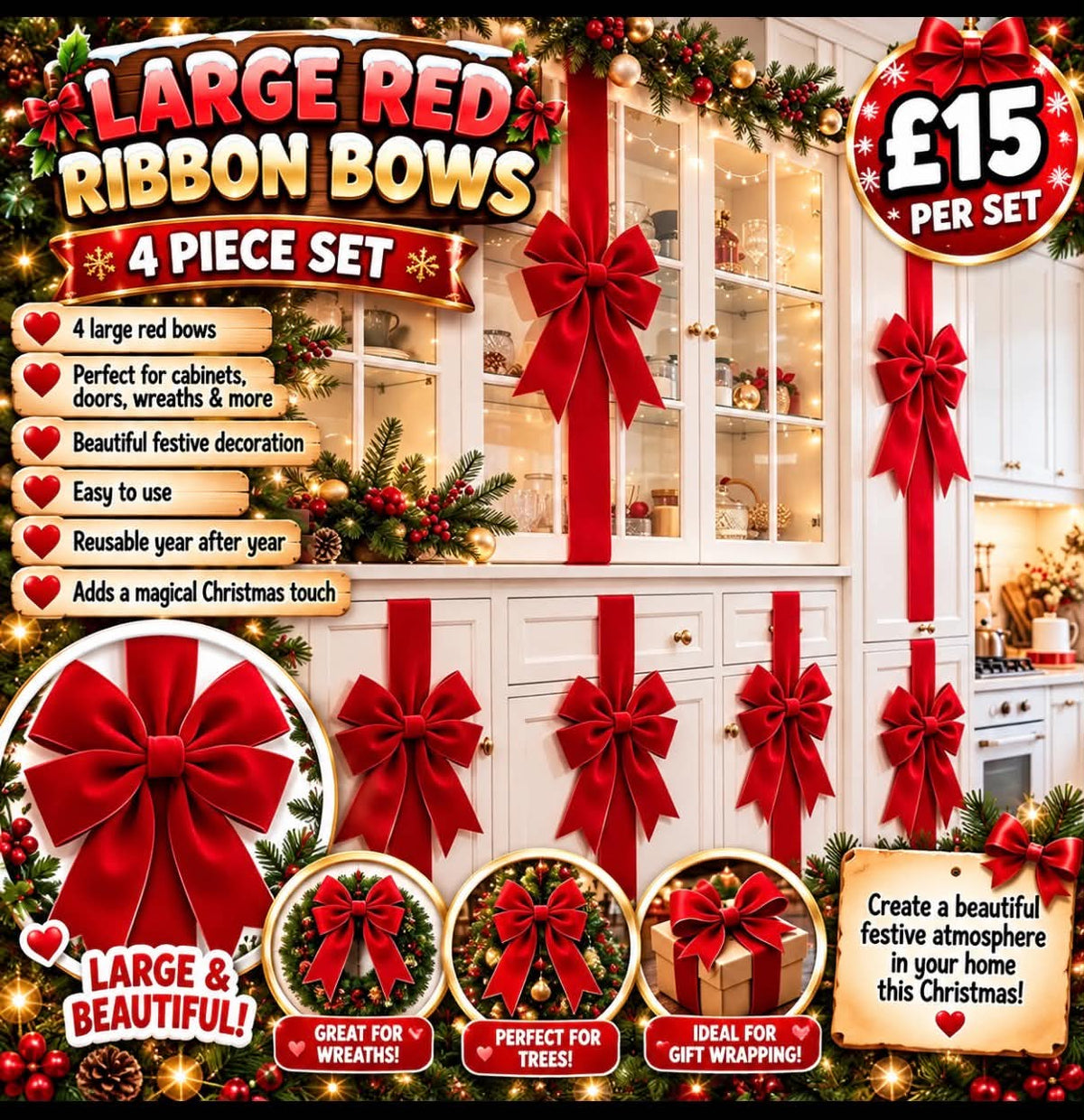 🎀LARGE RED CHRISTMAS RIBBON BOWS (X4🎀)