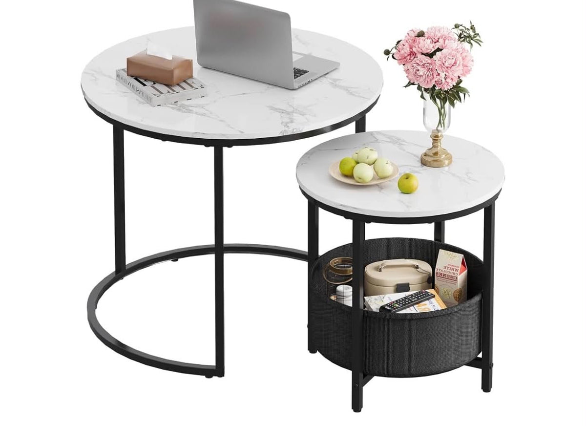 Round Coffee Tables for Living Room, Nest of Tables Set of 2 with Storage and Marble Tableop, Side Tables for Bedroom, Office, Balcony, Marble White
