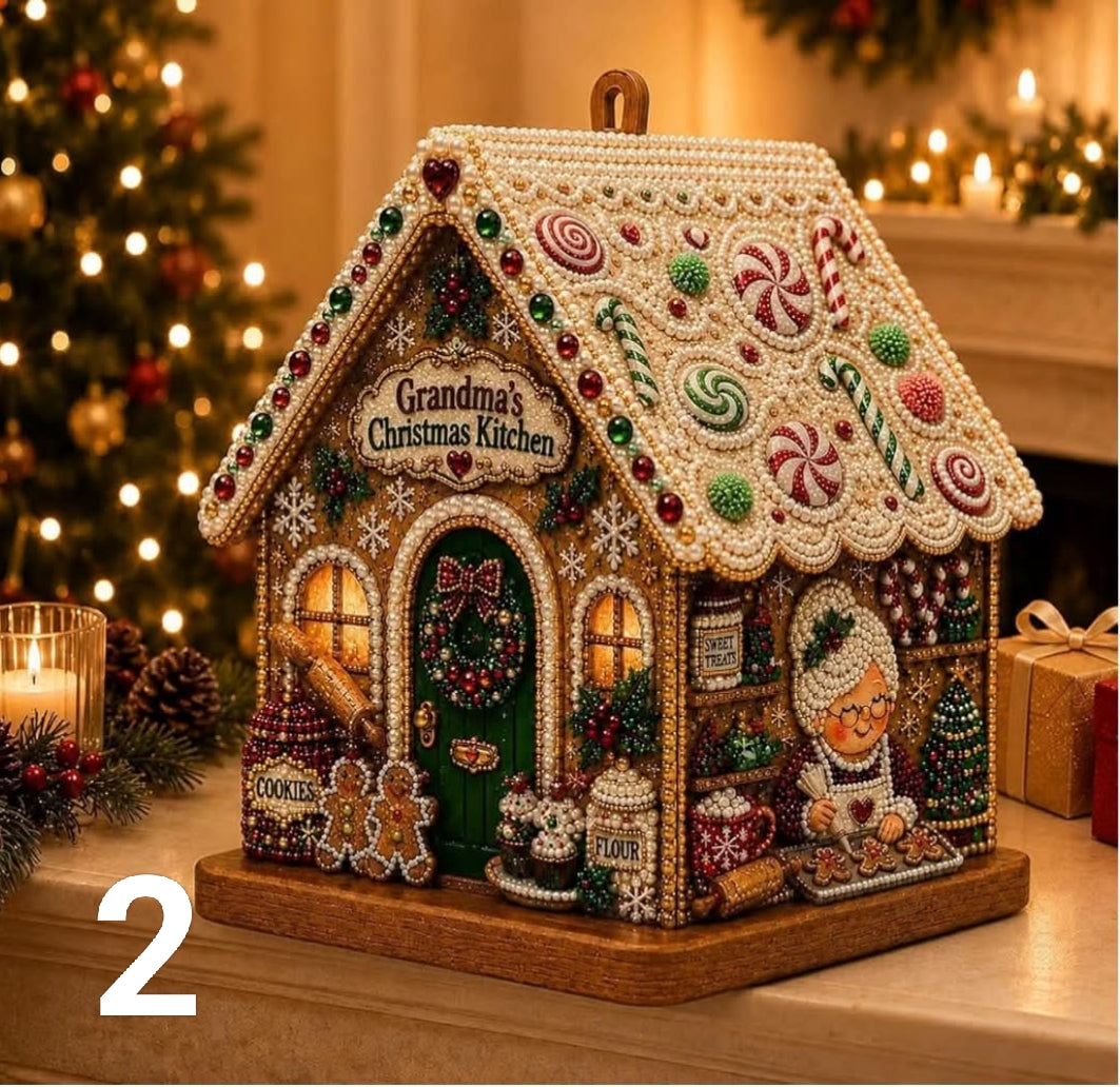 3D Wooden House Christmas Diamond Art Kit for Adults, Christmas Crafts for Adults with Pearl Beads & Resin Gems