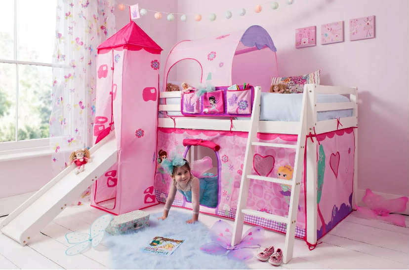 Cabin Bed Kids Midsleeper with Slide & Fairies Tent, Tower and Tunnel in White