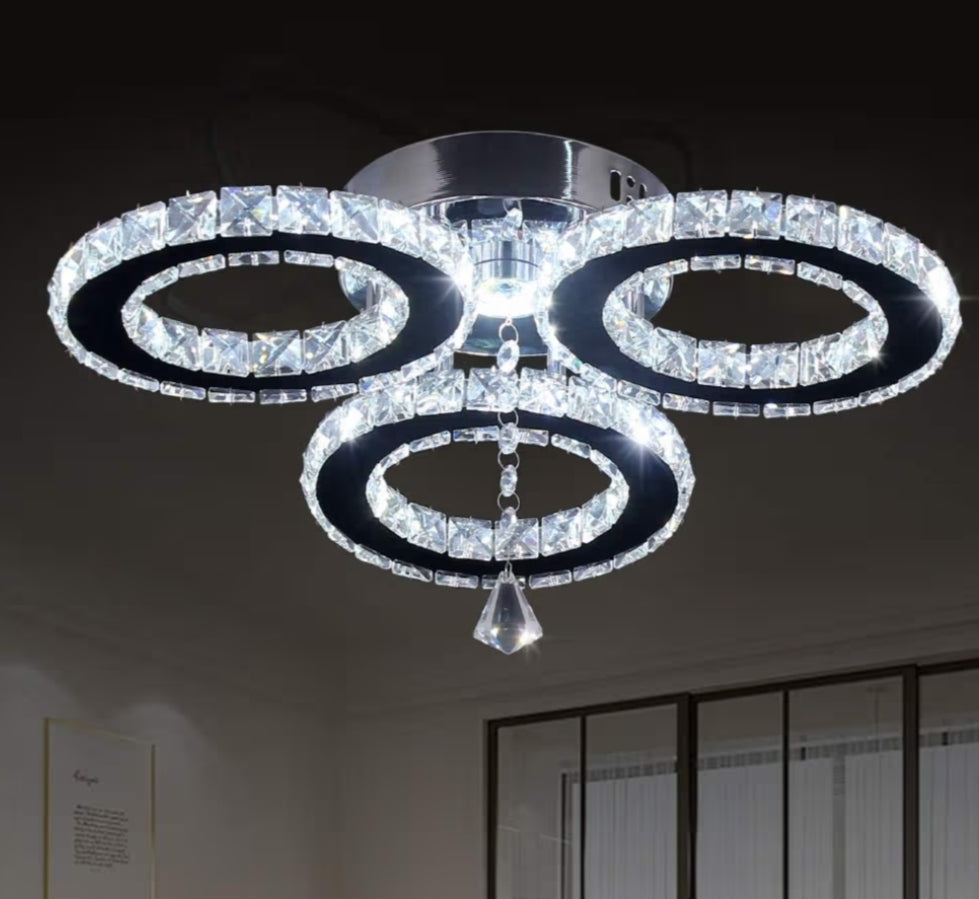 diisunbihuo LED Crystal Pendant Ceiling Light 13x3.5 Inches 3 Rings Crystal Chandelier Flush Mount Lighting Fixture for Bedroom Hobby Living Room (Cool White)