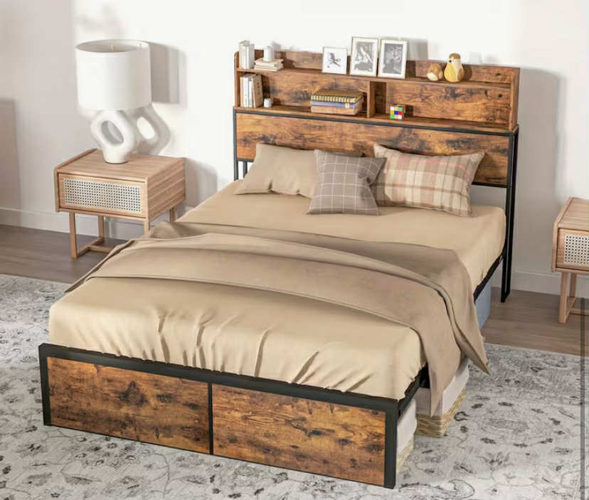 Industrial Double Bed Frame, 4. 8FT Steel Bed Base with Storage Headboard, Footboard, Slatted Support and Under Bed Storage, 145 x 209cm, Rustic Brown