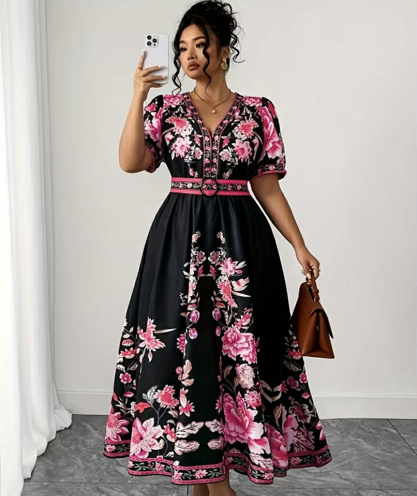 Plus Size - Cross-Border European And American Women'S Elegant And Fashionable Short-Sleeve Dress with a Belt And Tailored Fit