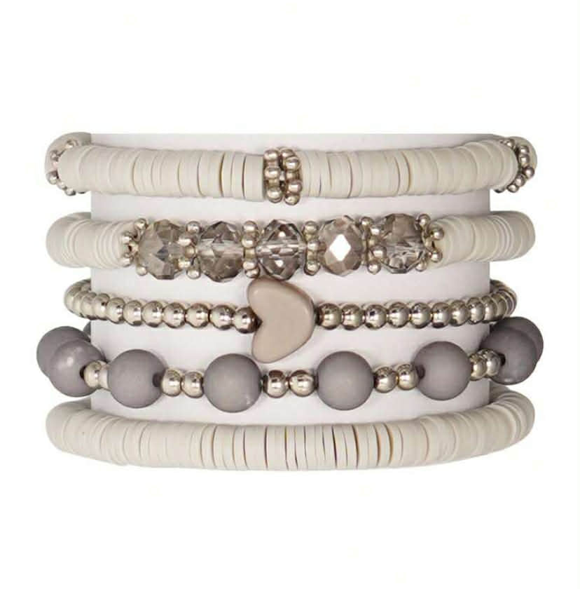 5 pcs Fashionable Soft Clay Heart Beaded Multi-Layer Bracelet Set,