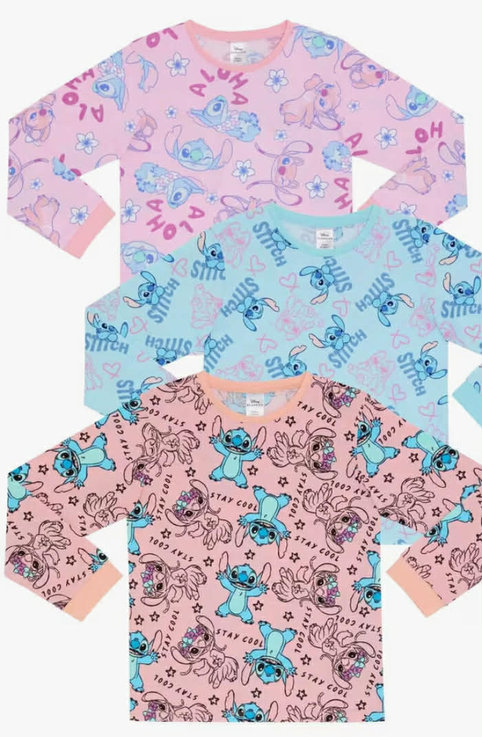 Disney Lilo & Stitch, Three Pack 100% Combed Cotton Long Sleeved Tops T-Shirts