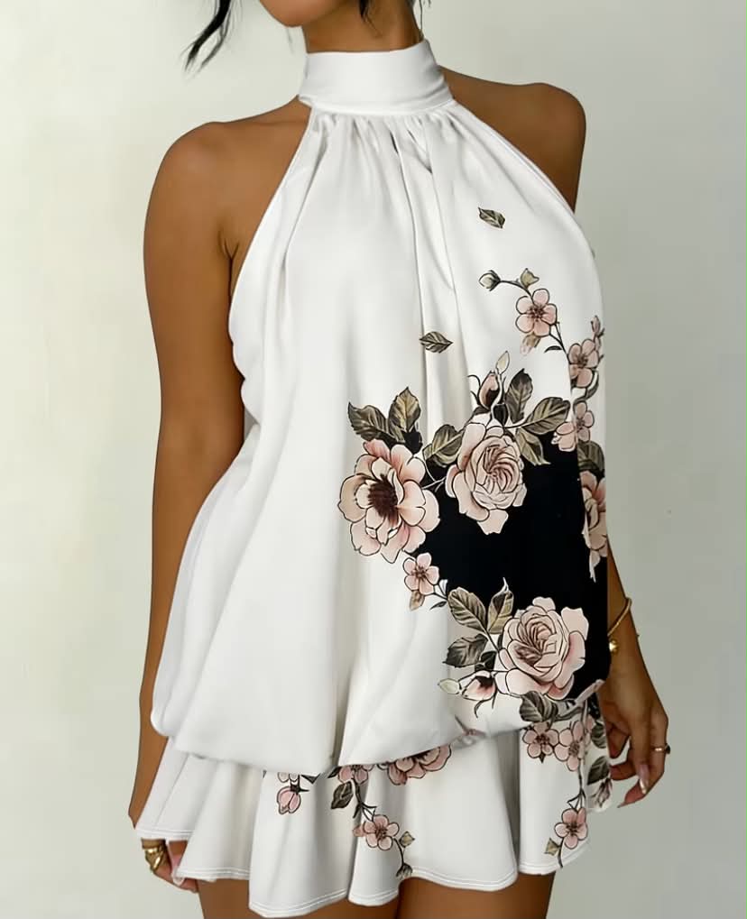 Elegant Casual Floral Print Sleeveless Mini Dress with Halter Neck Tie Pendant and Backless Design, Plus Size