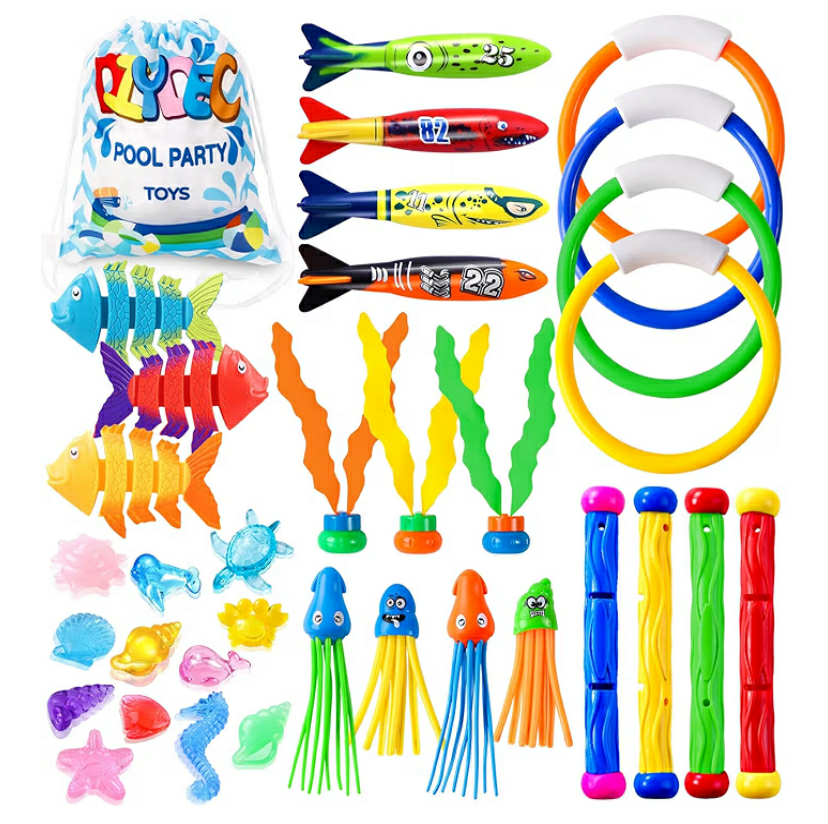 35 pcs Diving Pool Toys, Fun Swimming Pool Toys Set with Diving Rings, Diving Torpedo, Diving Seagrass, Marine gem Underwater Training Diving Game Toys for Kids Summer Swimming Pool Party