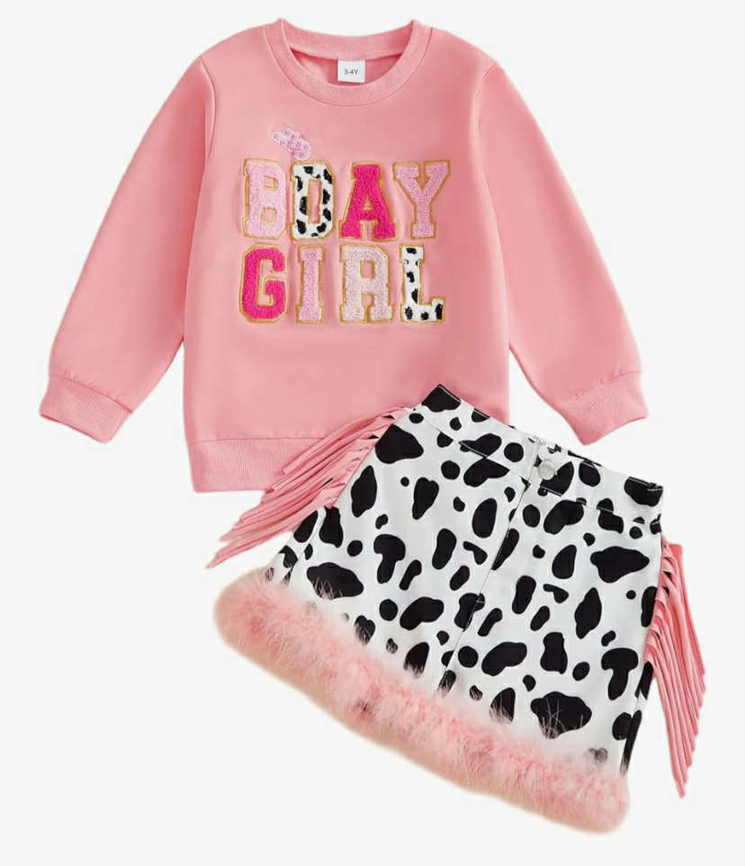 Carolilly Toddler Girls 2Pcs Birthday Outfits Long Sleeve Letter Embroidery Round Neck Sweatshirts Tops + Cow Print Skirt