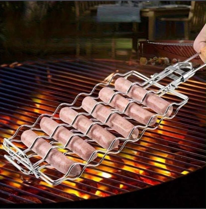 Stainless Steel BBQ Basket - Ideal For Sausages, Picnics And Camping - Essential Camping BBQ Accessory Stainless Steel Material Durable And Sturdy, Sausage Rack