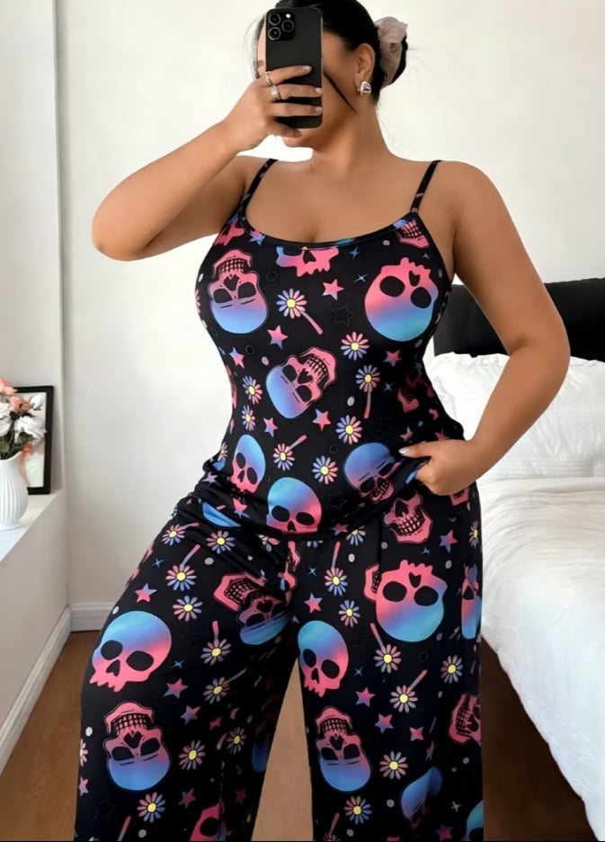 Women's Sexy Black Plus Size Pajama Set Loose Casual Comfortable Soft Pants
