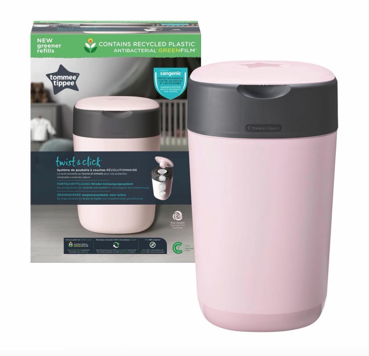 Tommee Tippee Twist and Click Nappy Bin, Includes 1x Refill Cassette with Multilayer, Antibacterial Film, 100 percent Recycled Chassis, Pink