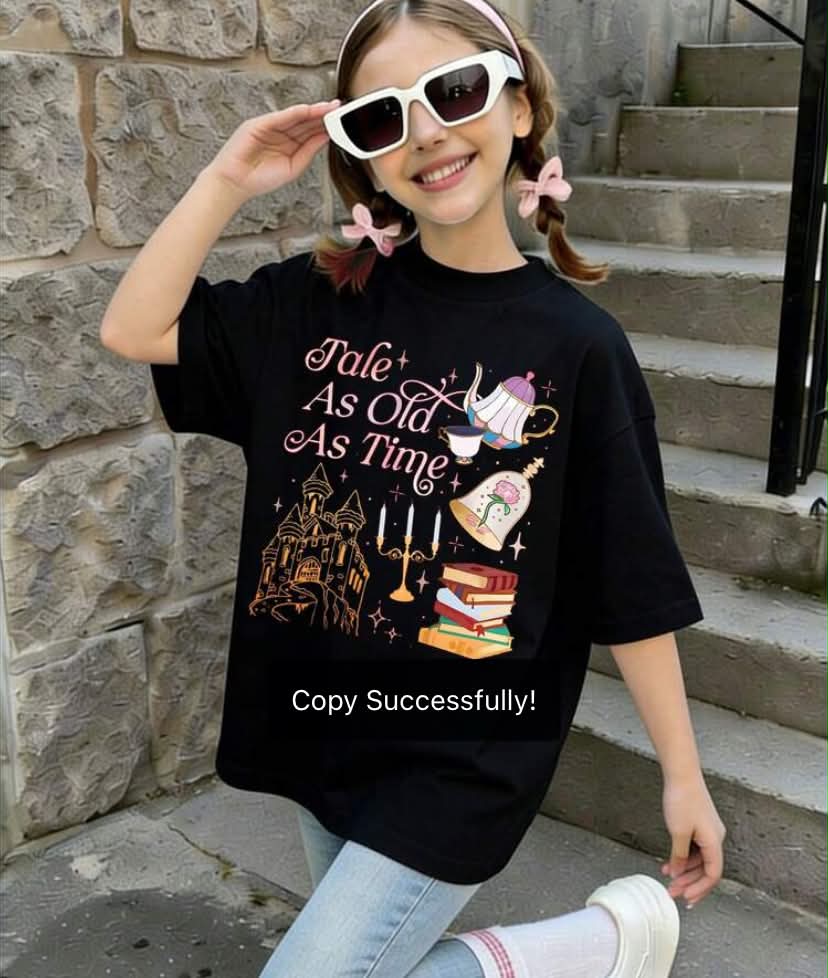 "Beauty And The Beast" Print, Rose Teapot Castle Vintage Style T-Shirt Print Summer Short-Sleeved Tops, Girl Clothes