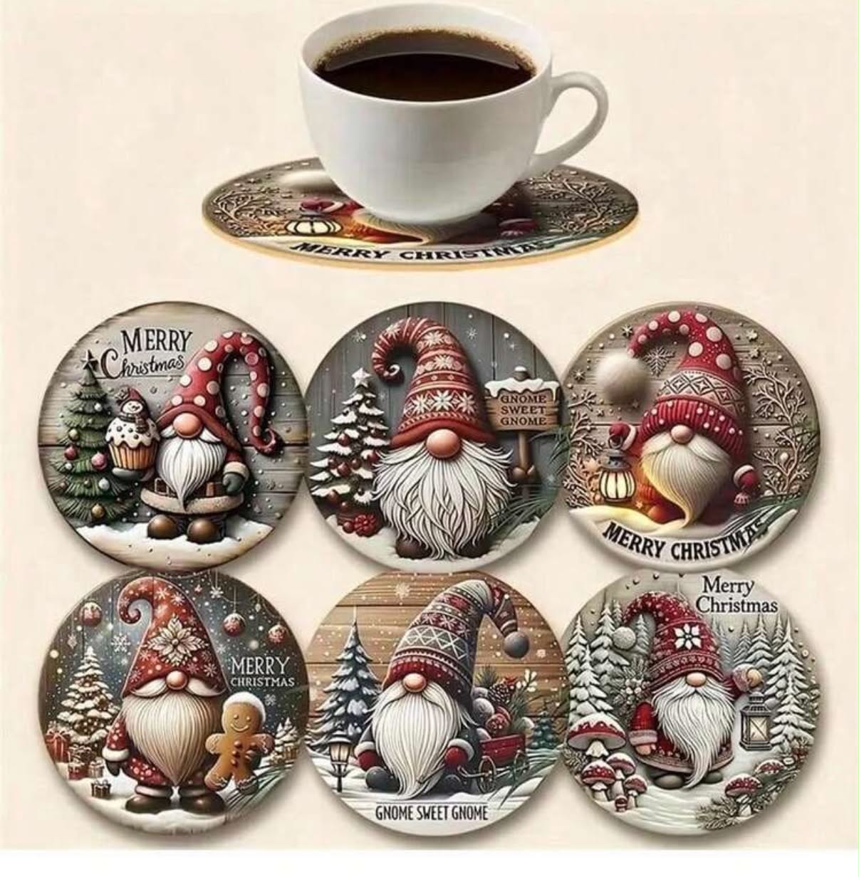 Christmas Gnome Wooden Coasters Set Of 6, Suitable For Beverages, Teahouses, Coffee Shops And Home Restaurant Decorations,