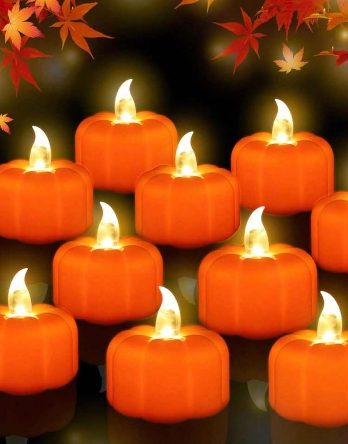 12 Pumpkin Flameless LED Tea Light Candles (Battery Operated), Halloween Pumpkin Tea Lights, Autumn Decor, Harvest Festival Table
