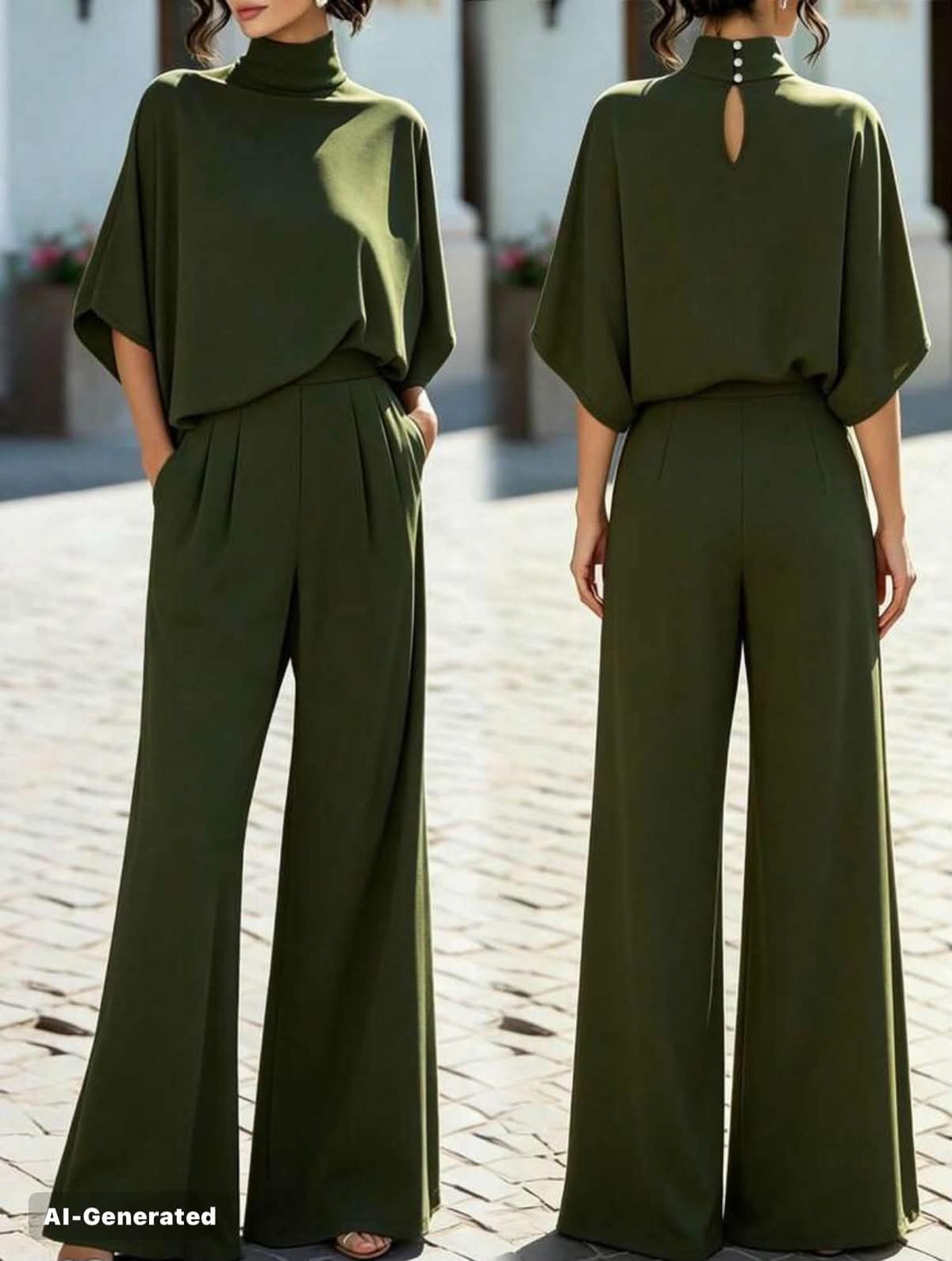 Two Pieces Set Half-High Neck Knitted Top Set, High-Waist Straight Wide-Leg Pants,