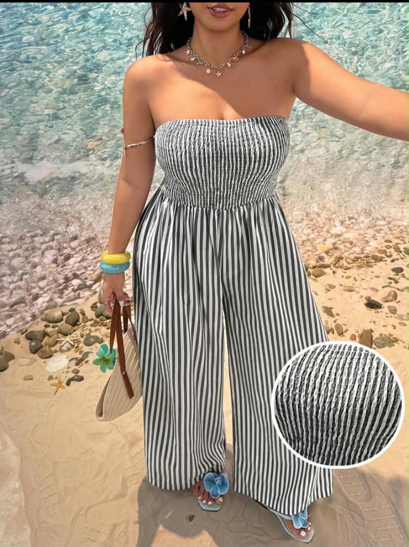 Plus Size Women's Backless Wide Leg Black & White Striped Jumpsuit, Plaid Ladies Summer Strapless Jumpsuit Striped Outfit,