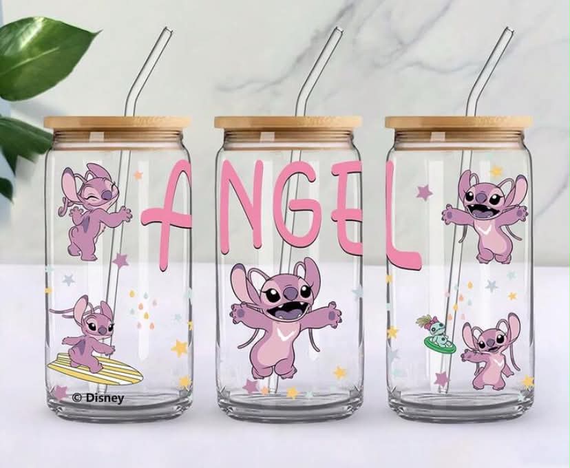 1 pc 16oz Glass Cup With Cute Angel Pattern, Comes With Lid And Straw, Multi-Purpose Water Bottle, Boxed