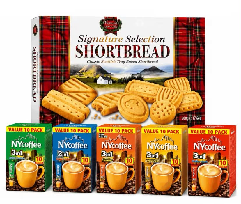 Highland Speciality Signature Luxury Scottish Shortbread Selection Gift Box with 5 Flavoured Instant Coffees – Irish Cream, Salted Caramel, Vanilla, Original 3in1 & Reduced Sugar 2in1 Coffee Sachets – Premium Afternoon Tea Snack Hamper for Coffee Lovers