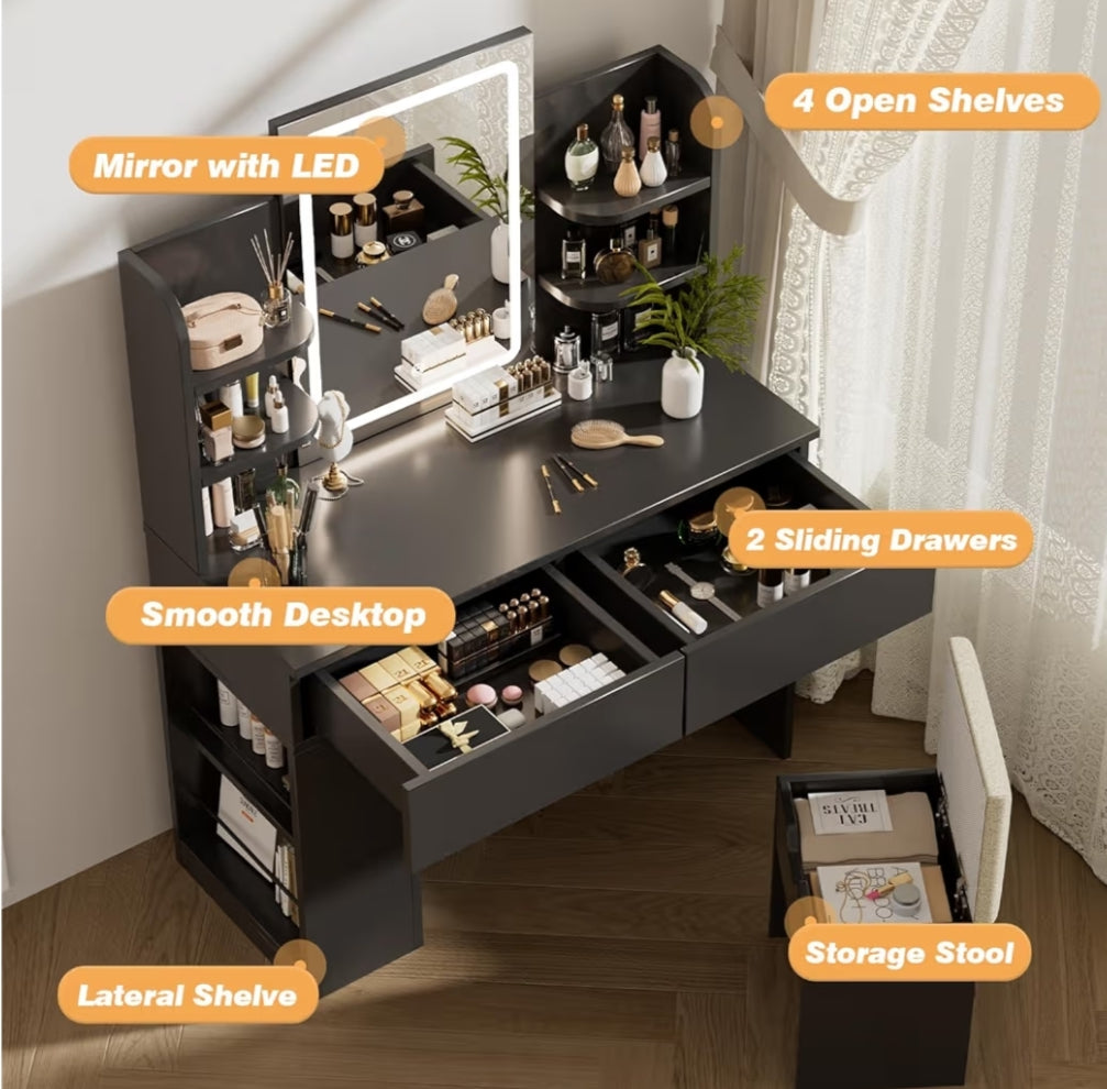 Dressing Table with Stool,Vanity Desk Set with LED Lights Mirror