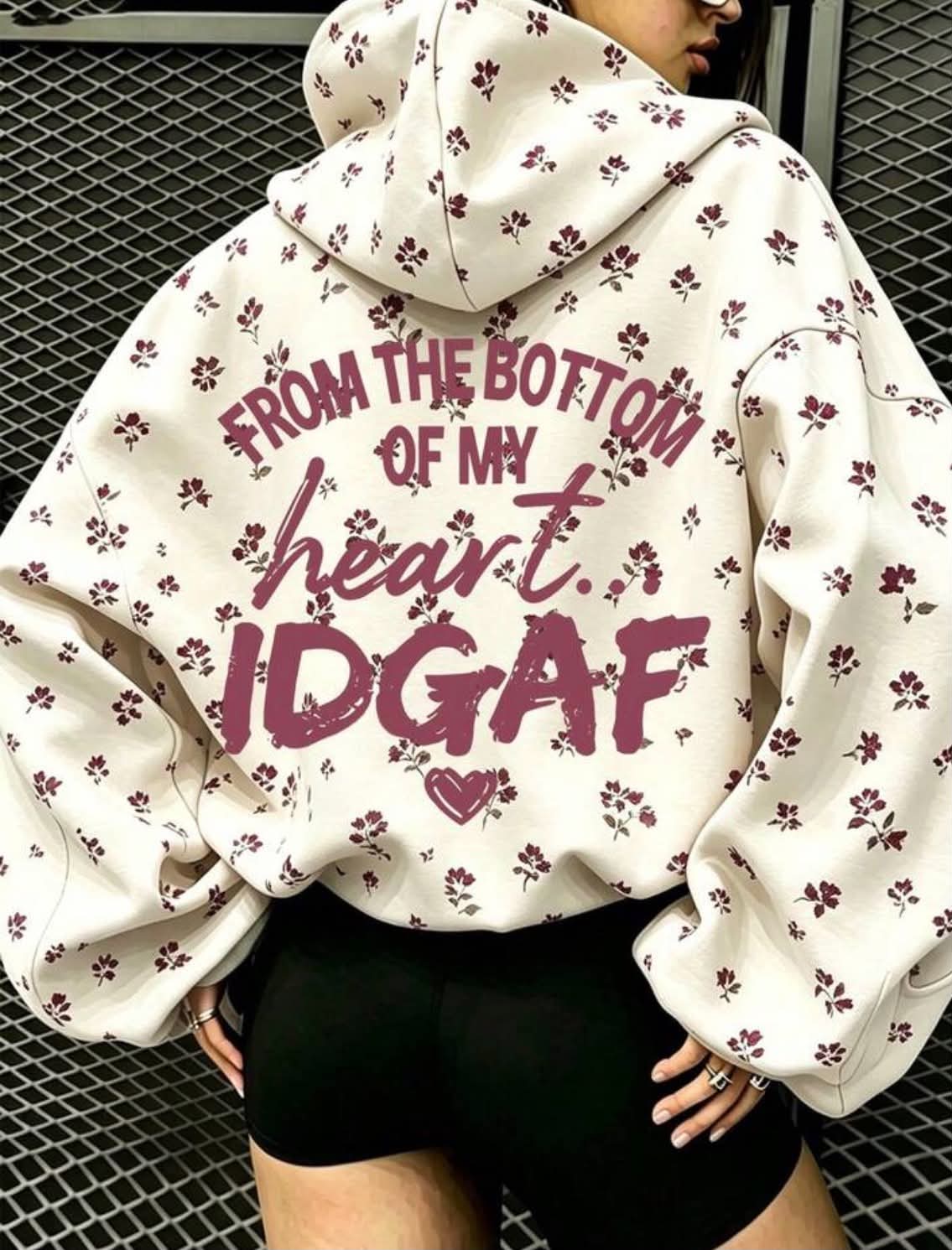 Floral & Letter Print Hooded Sweatshirt, Plus Size Women's Casual Autumn/Winter Long Sleeve Pocket Sweatshirt,