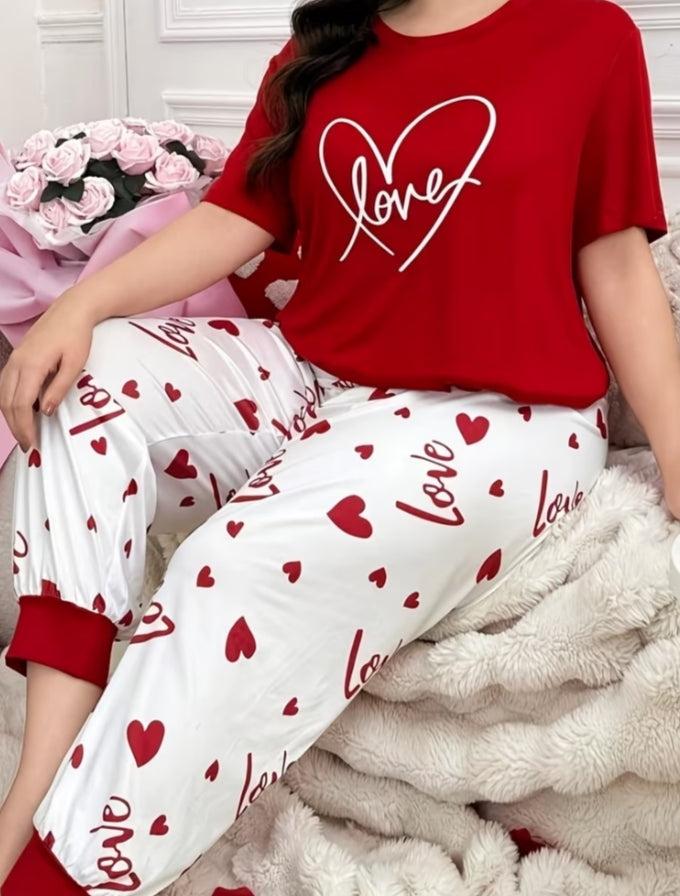 Short Sleeve Cuffed Long Pants Style Heart English Print Plus Size Women'S Pajama Set