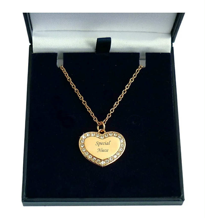 Can be any writing
Rose Gold Necklace with Any Engraving on Personalised Heart Pendant in Gift Box