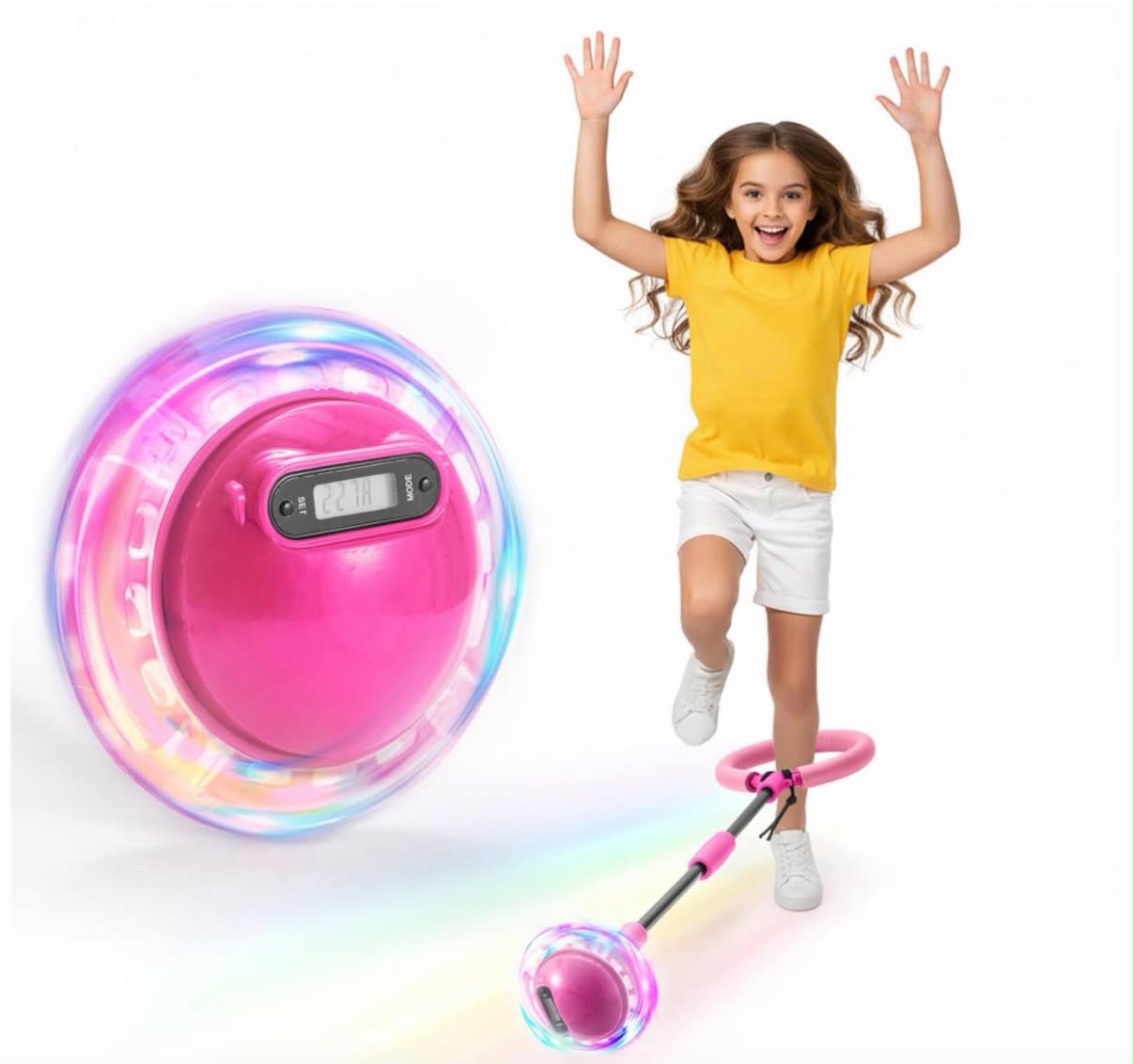 Ankle Skip Ball with Counter, Timer, Cal Calculator, Foldable Foot Skipping Ball with LED Lights, Portable Sports Jump Rope Toy with Carrying Bag
