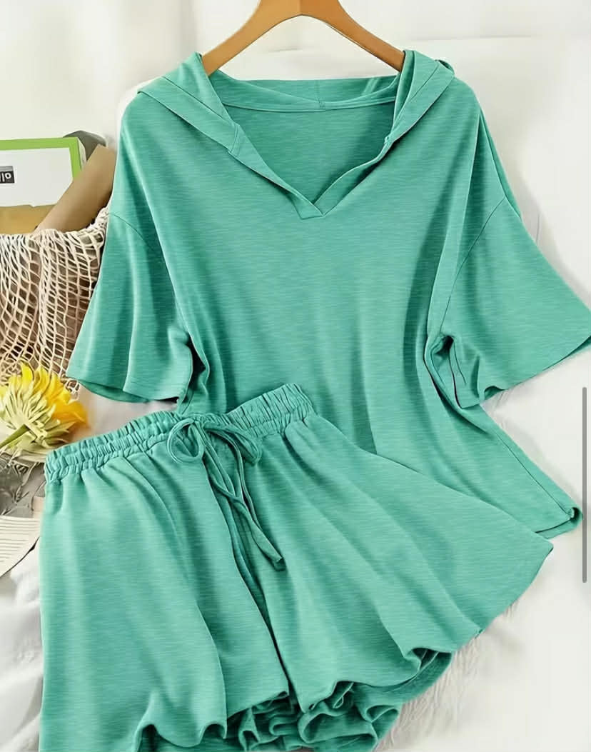 Casual Elegant Outfit, Featuring a Short-Sleeve Hooded Top And Drawstring Pleated Shorts, for Women