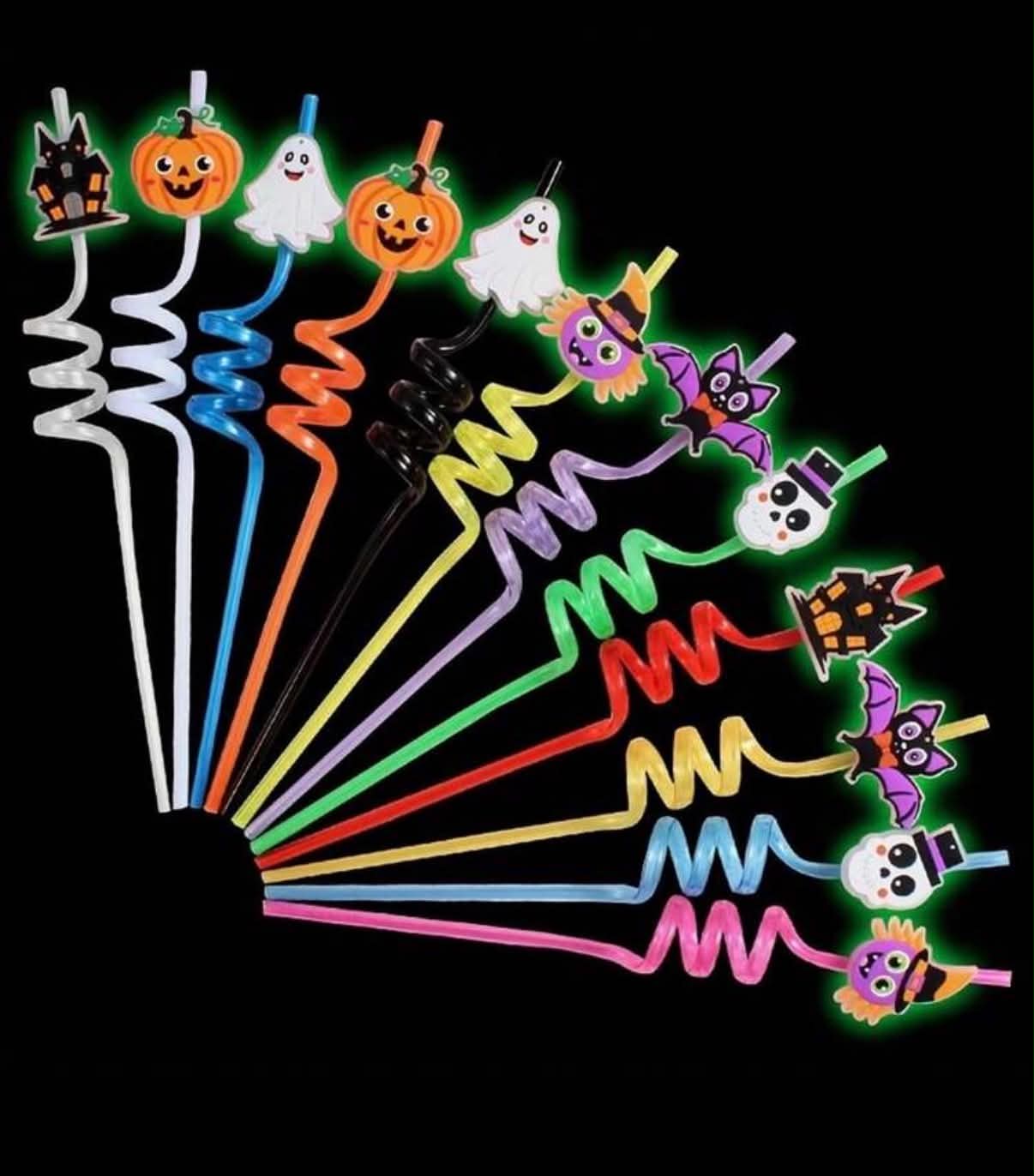 10 x Halloween Theme Night Light Decorative Straws, Reusable Spiral Straws,