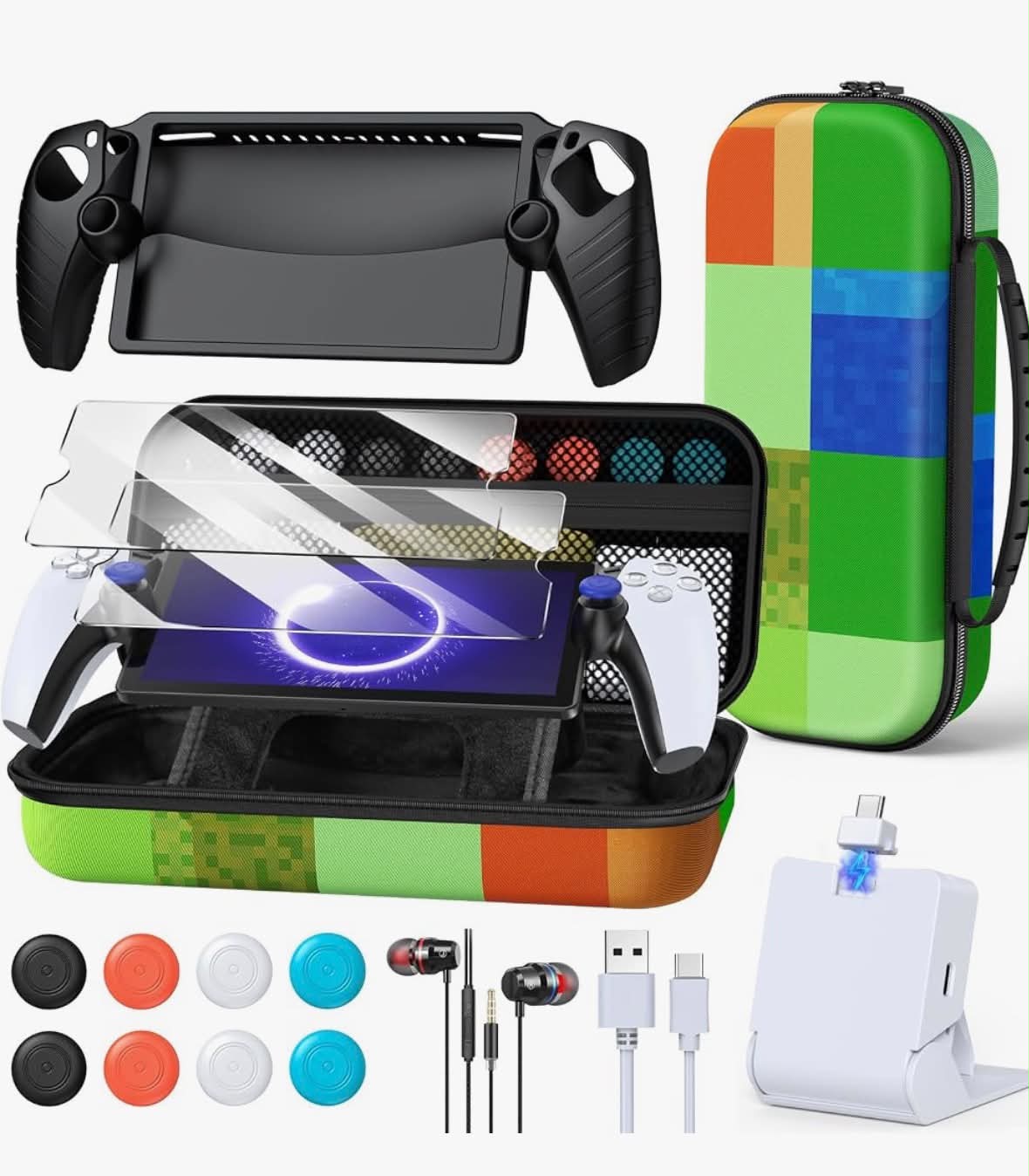 14 in 1 Accessories Bundle for PlayStation Portal, Carrying Case for PS Portal, Magnetic Charger Dock with Silicone Case for PS5 Portal, with 2 Screen Protectors, Wired Earphones, 8 Thumb Grips-White