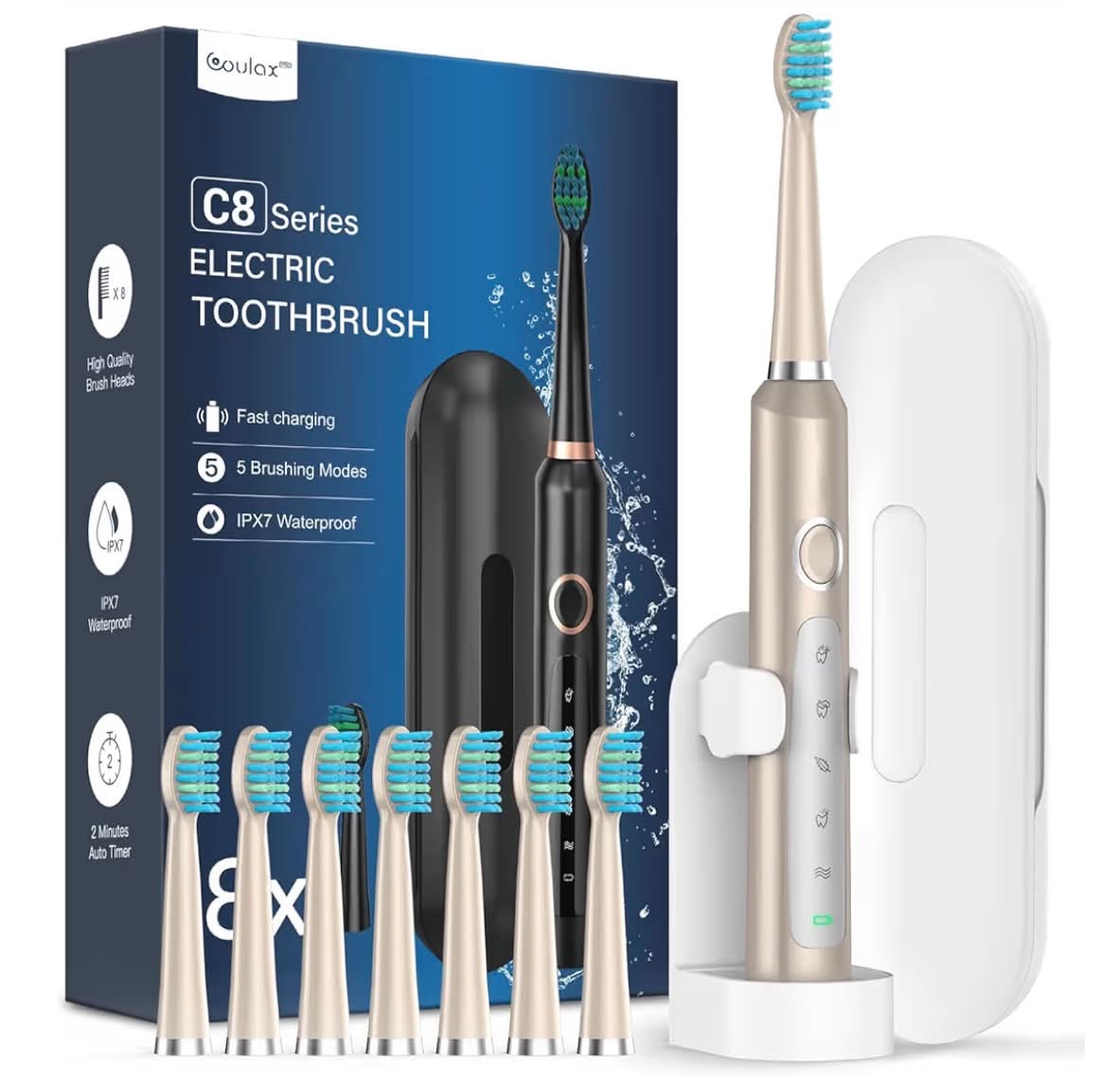 Sonic Electric Toothbrush for Adults and Kids - Sonic Toothbrushes with 8 Tooth Brush Replacement Head and 5 Brushing Modes, 120 Days of Use with 3-Hour Fast Charge, 2 Minute Smart Timer