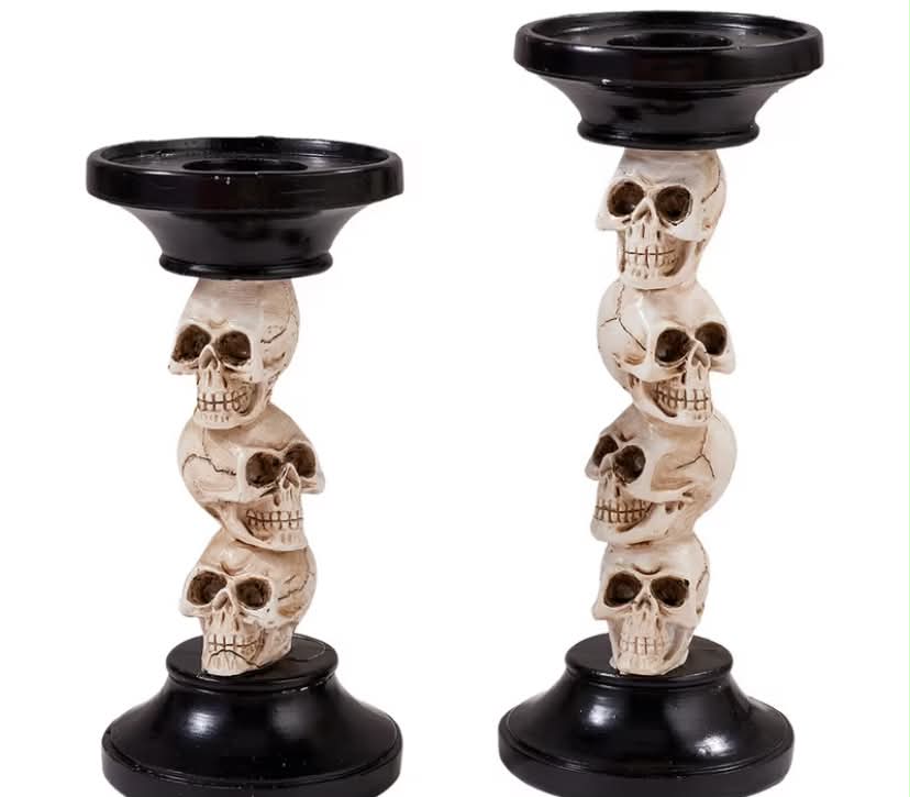 Set of 2 Halloween Decor Creative Skull Candle Holder, Craft Artwork for Home Decoration,