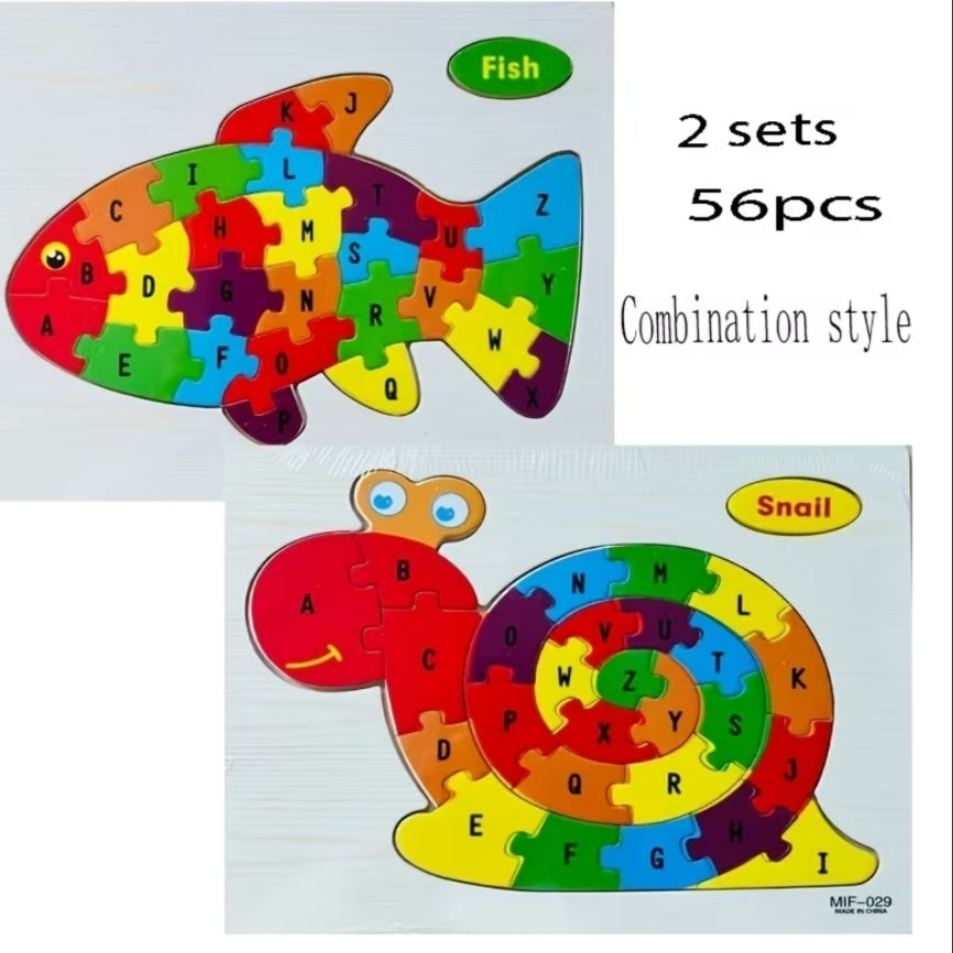 Wooden Animal Alphabet Puzzle Set of 2. Brain-Teasing Letter-Shaped Puzzle. Educational And Cognitive Puzzle Board Toy Suitable for Children Aged 3 And Above