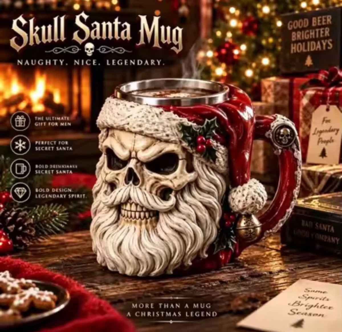 3D Skull Santa Claus Mug Gothic Resin Sculpture Coffee Cup, Hand Painted Skeleton Santa Mug,