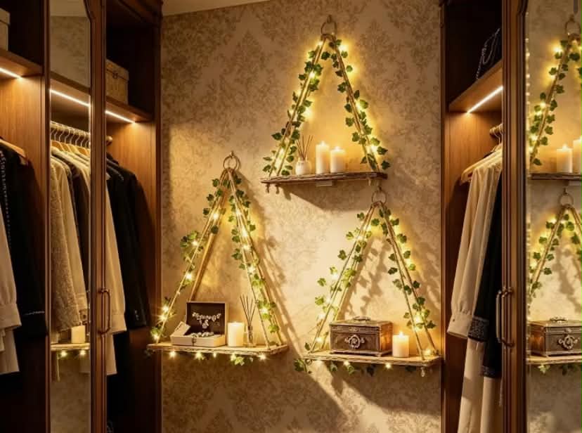 2pcs (green Vine String Lights+wooden Bracket) Hanging Decoration, Storage Rack, Triangular Storage Rack