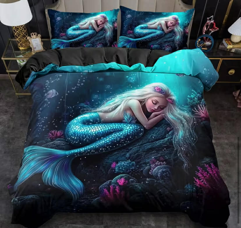 Fantasy Mermaid Print Duvet Cover Set, King Queen Style bedding, Machine Washable
