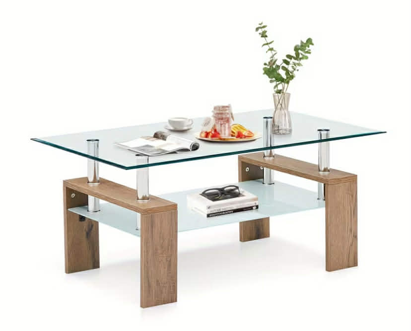 Modern Rectangle Tempered Glass Coffee Table with Lower Shelf - & Chrome Metal Frame & Wood Support, Space-Saving Design