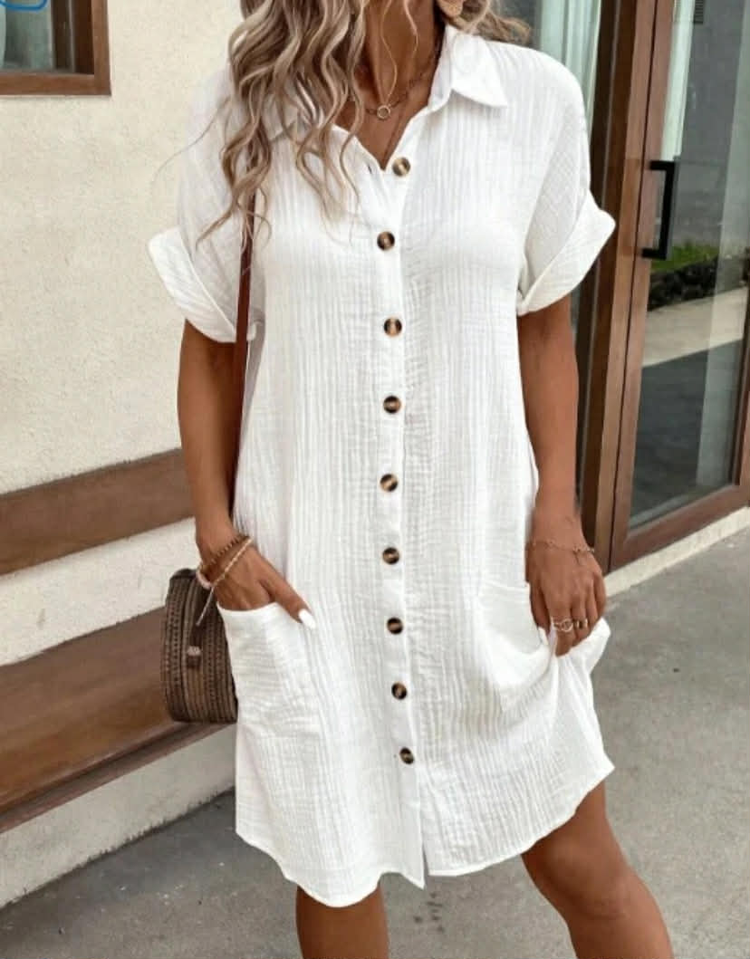 Linen Cotton Short Sleeve Shirt Dress Button Casual Dresses