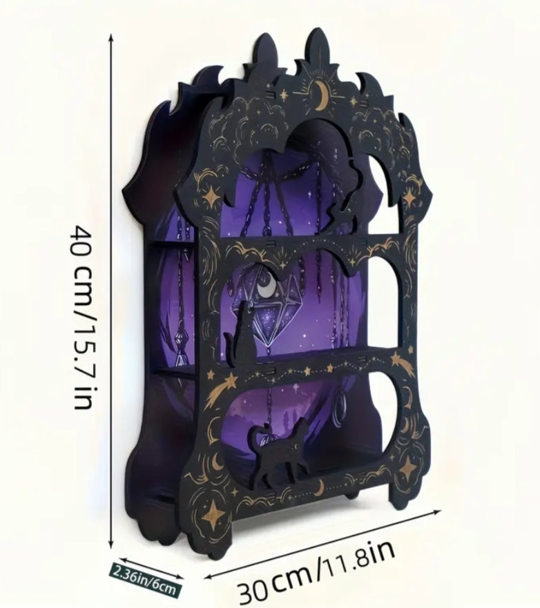 Bohemian Magic Cat & Starry Sky Wall Shelf with Crystal Display - Painted Floating Shelf Suitable for Home