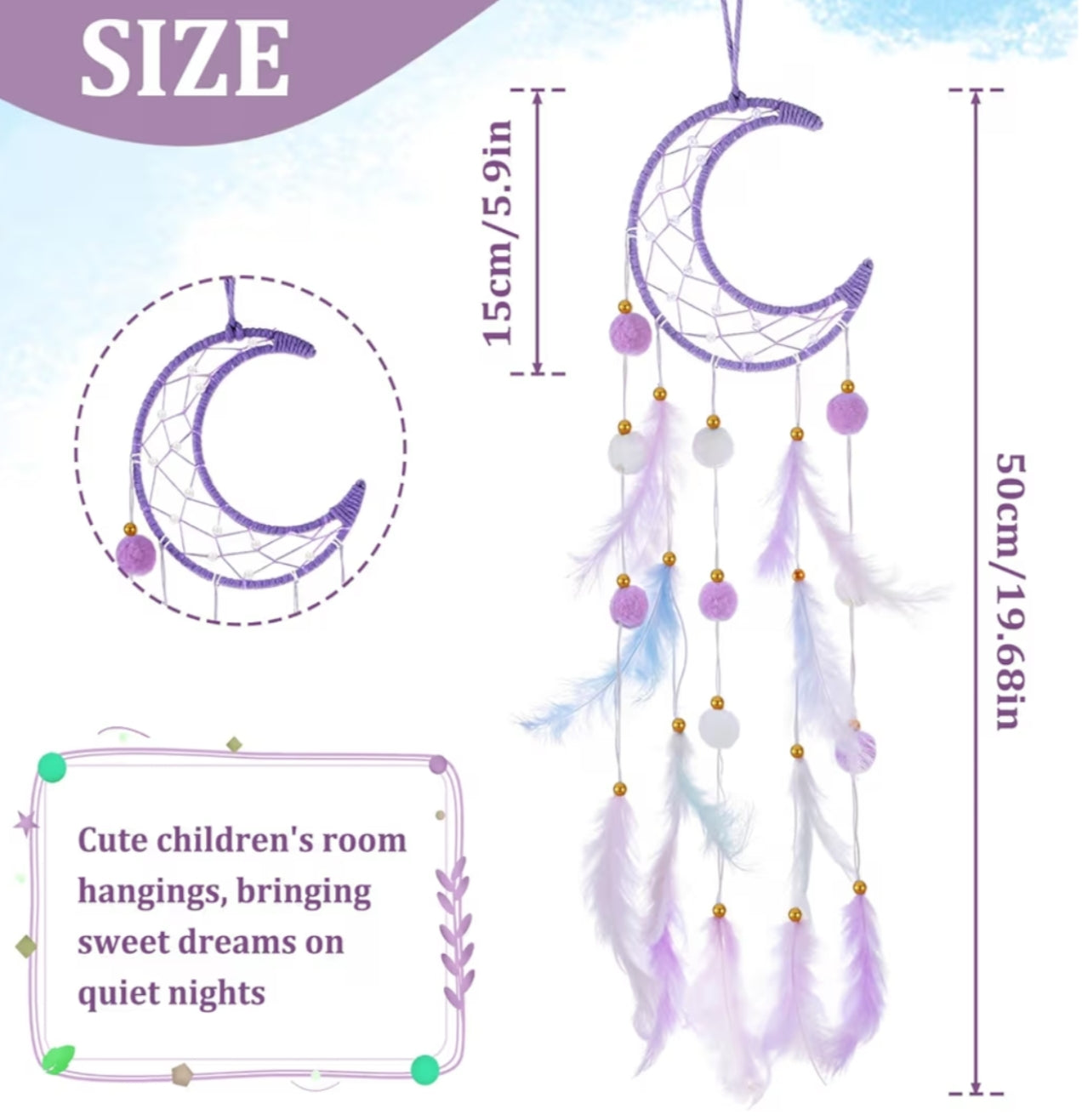 Moon Dream Catcher Wall Decor, Purple Pompom Feather Dream Catchers