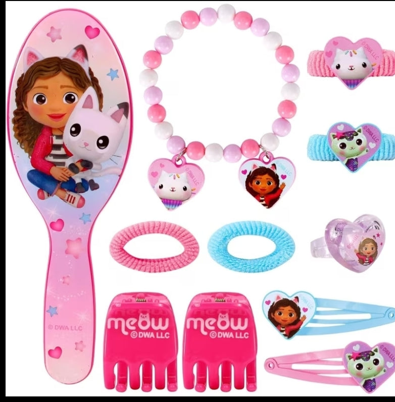 Gabbys Dollhouse 11pcs Girls Kids Hair Accessories Clips Comb Bands and Beauty Set